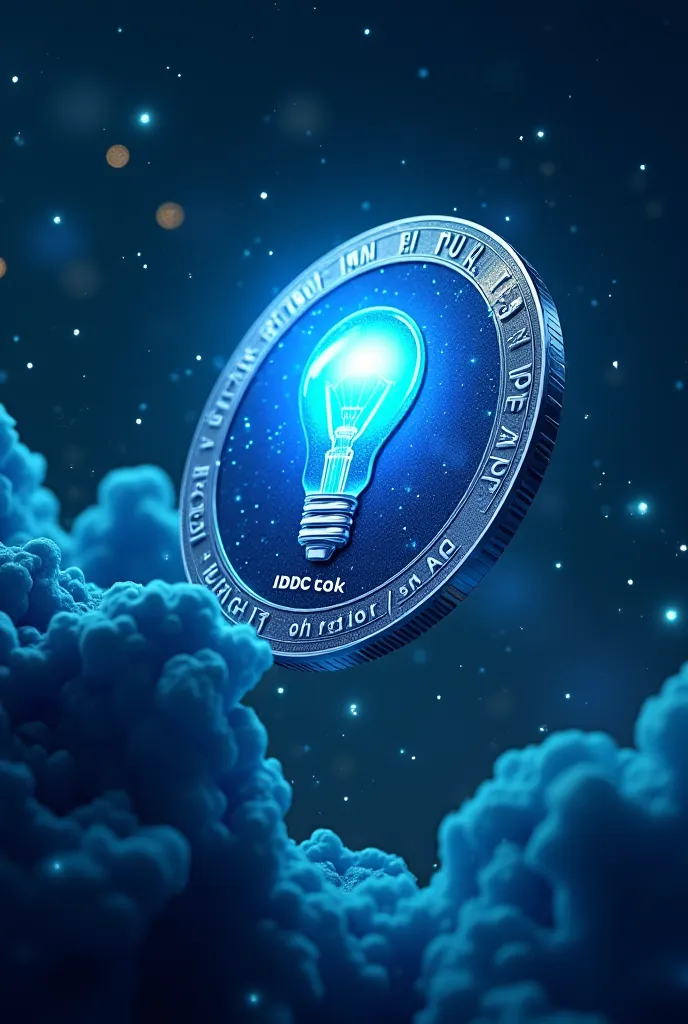 Celestial Idea Transformation
"A sleek metallic IDC coin with a glowing blue light bulb floating in a cosmic nebula, surrounded by twinkling stars and dynamic blockchain lines pulsing in green and blue. The scene transitions from a creator uploading an id...