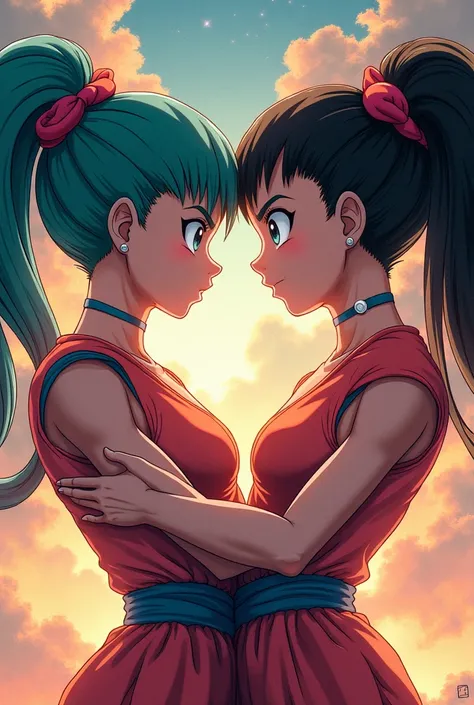 Create an art showing Bulma and Chichi fused into a body and two heads and both are pulling in opposite directions 