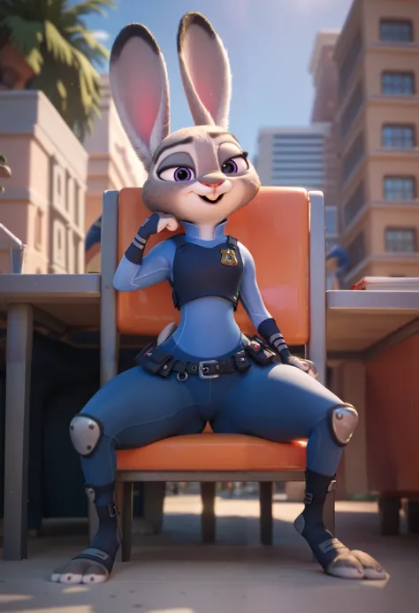 masterpiece, judy hopps, Wide hips, on a city, (police uniform), full body, sitting on a benchair, thighs , pov from bottom, spread legs, seductive face, Best illumination,