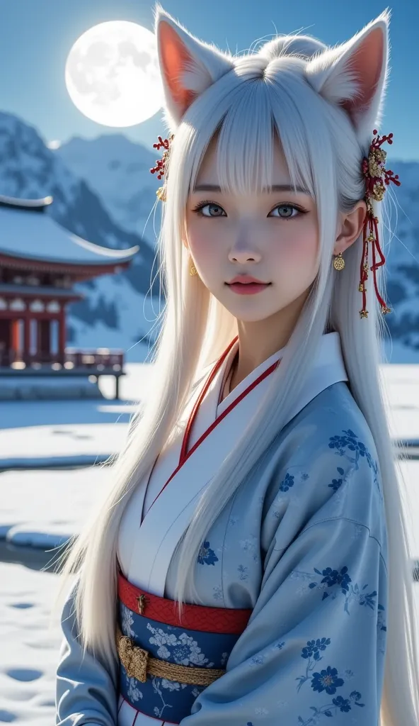 1 girl, arctic fox,Nine-tailed fox, kimono,Shrine maiden outfit,white skin,White hair color,8k,night,front,1 girl, long hair, looks at one woman,  blushes, long hair, wolf ears, 4K,High Resolution, textured skin, high quality, looks at one woman, looks at ...