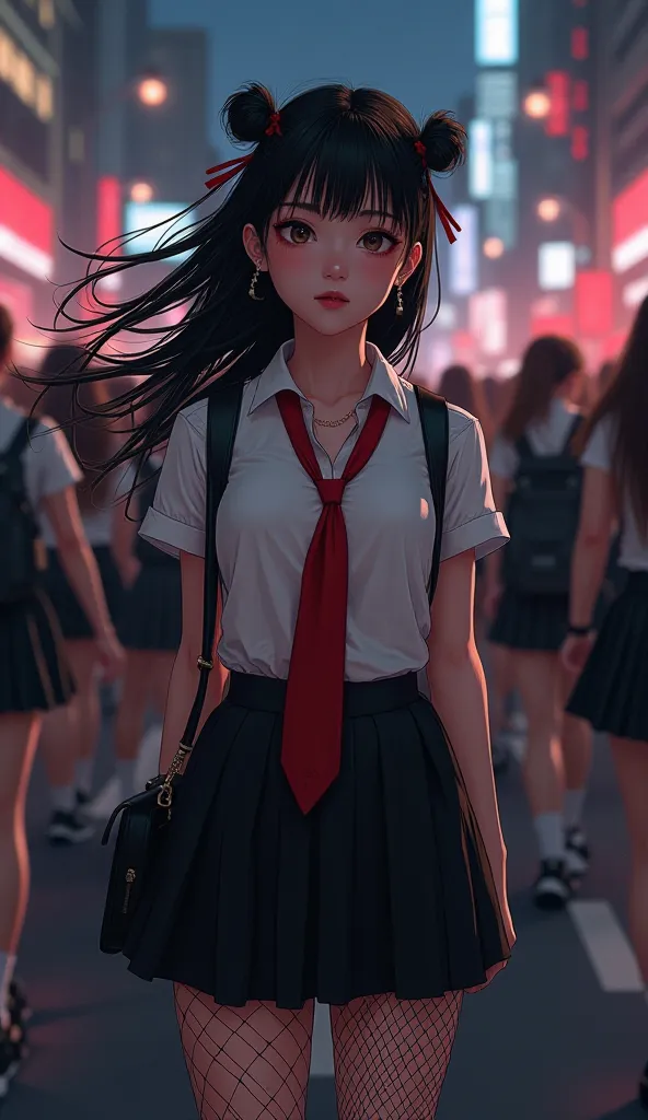 Girl with hair and small pigtails wearing a black skirt with fishnet tights and a white shirt with a red tie walking on a march in a city at night