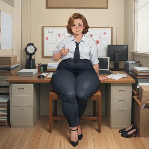 ,(1 girl, solo) (bottom heavy:1.2) source_western, wide hips, plump, Sitting at a desk in a chair,(dark hair) (high heels), (asymmetrical bangs) business suit, tight slacks, office background, (pinching her nipples), (weight conscious:1.2), Random hair c...