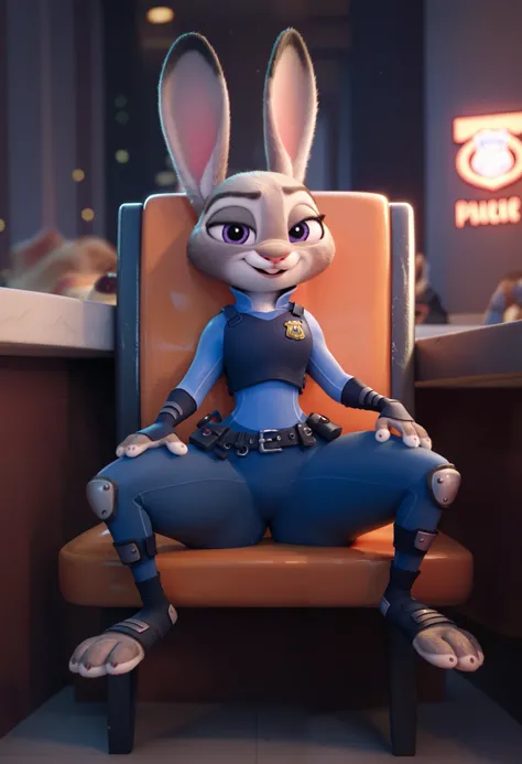 masterpiece, judy hopps, Wide hips, on a city, (police uniform), full body, sitting on a benchair, thighs , pov from bottom, spread legs, seductive face, Best illumination,