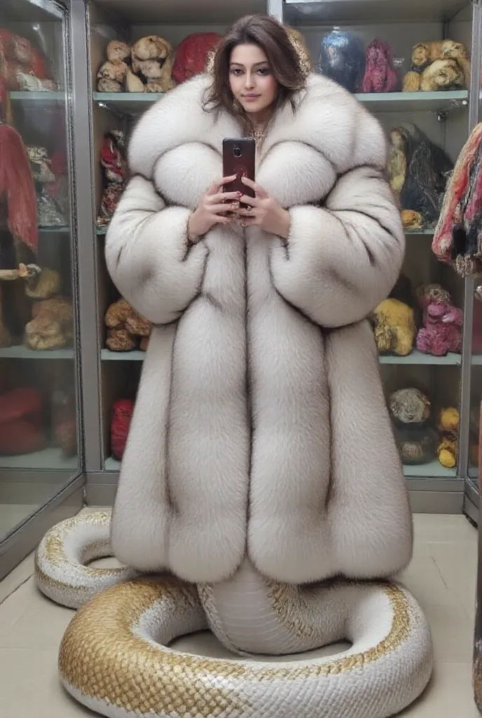 A selfie picture of  beautiful asian lady who is lamia, naga, snake queen is wearing a big fluffy fox fur coat with big fur collar,  surrounded by the huge plushie. She is slithering at fur locker, her snake tail color is white and gold color