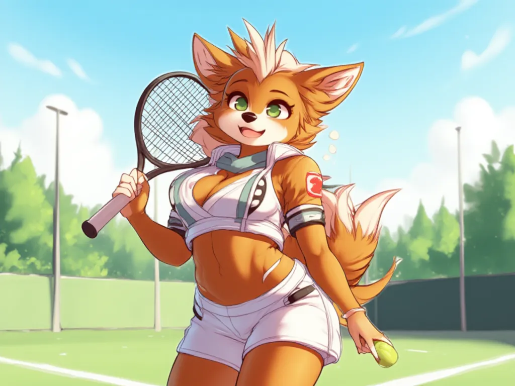 A cheerful anthropomorphic orange and brown dog character with a fluffy tail, wearing a sporty tennis outfit consisting of a crop top and a short skirt. The character has a confident smile and holds a tennis racket in a dynamic pose. The background feature...