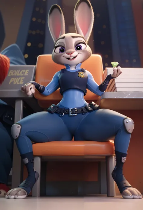 masterpiece, judy hopps, Wide hips, on a city, (police uniform), full body, sitting on a benchair, thighs , pov from bottom, spread legs, seductive face, Best illumination,