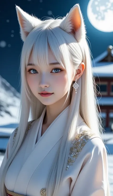 1 girl, arctic fox,Nine-tailed fox, kimono,Shrine maiden outfit,white skin,White hair color,8k,night,front,1 girl, long hair, looks at one woman,  blushes, long hair, wolf ears, 4K,High Resolution, textured skin, high quality, looks at one woman, looks at ...