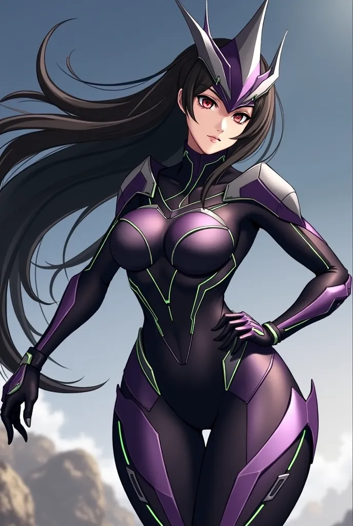 Create an image of a female character named Seraphine Asakura, inspired by Akeno Himejima from High School DxD. She should have long, dark hair and a calm yet powerful expression, exuding both elegance and strength. Seraphine is wearing a high-tech Mobile ...