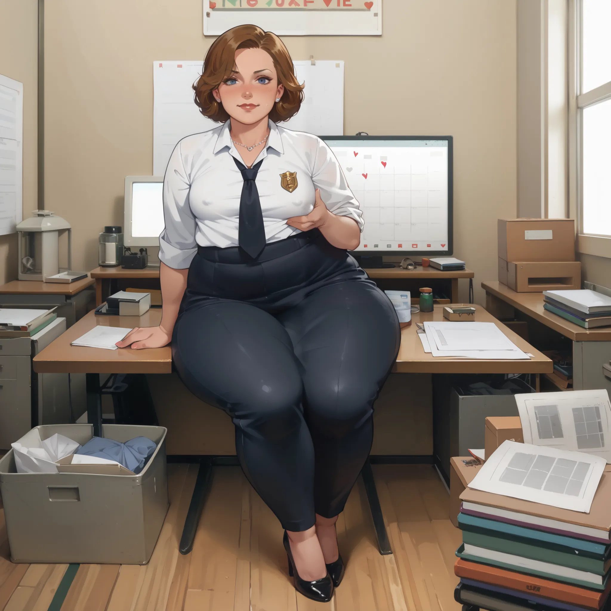 ,(1 girl, solo) (bottom heavy:1.2) source_western, wide hips, plump, Sitting at a desk in a chair,(dark hair) (high heels), (asymmetrical bangs) business suit, tight slacks,  office background,  (pinching her nipples with both hands), (covered nipples), Ra...