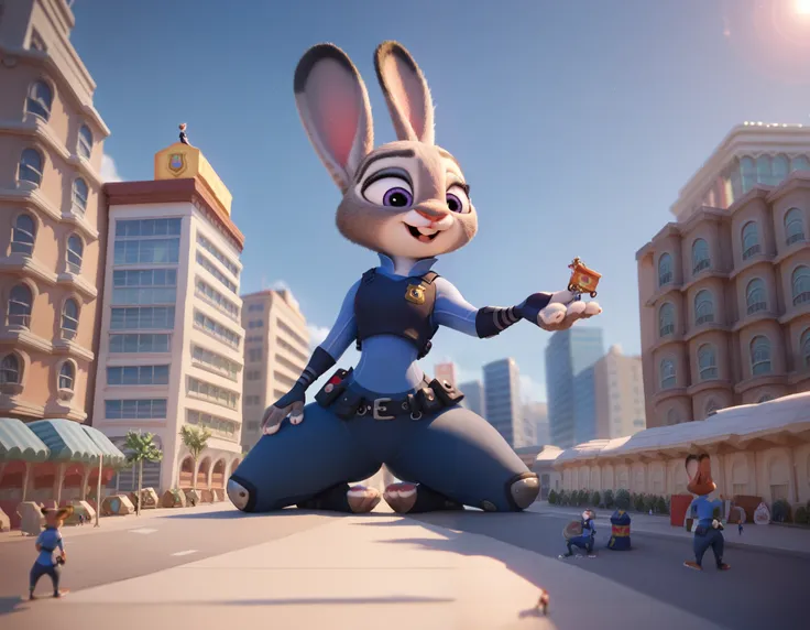 masterpiece, judy hopps, blue fur, Wide hips, on a city, MACRO, police uniform, full body, sitting on a building, pov from ground, spread legs