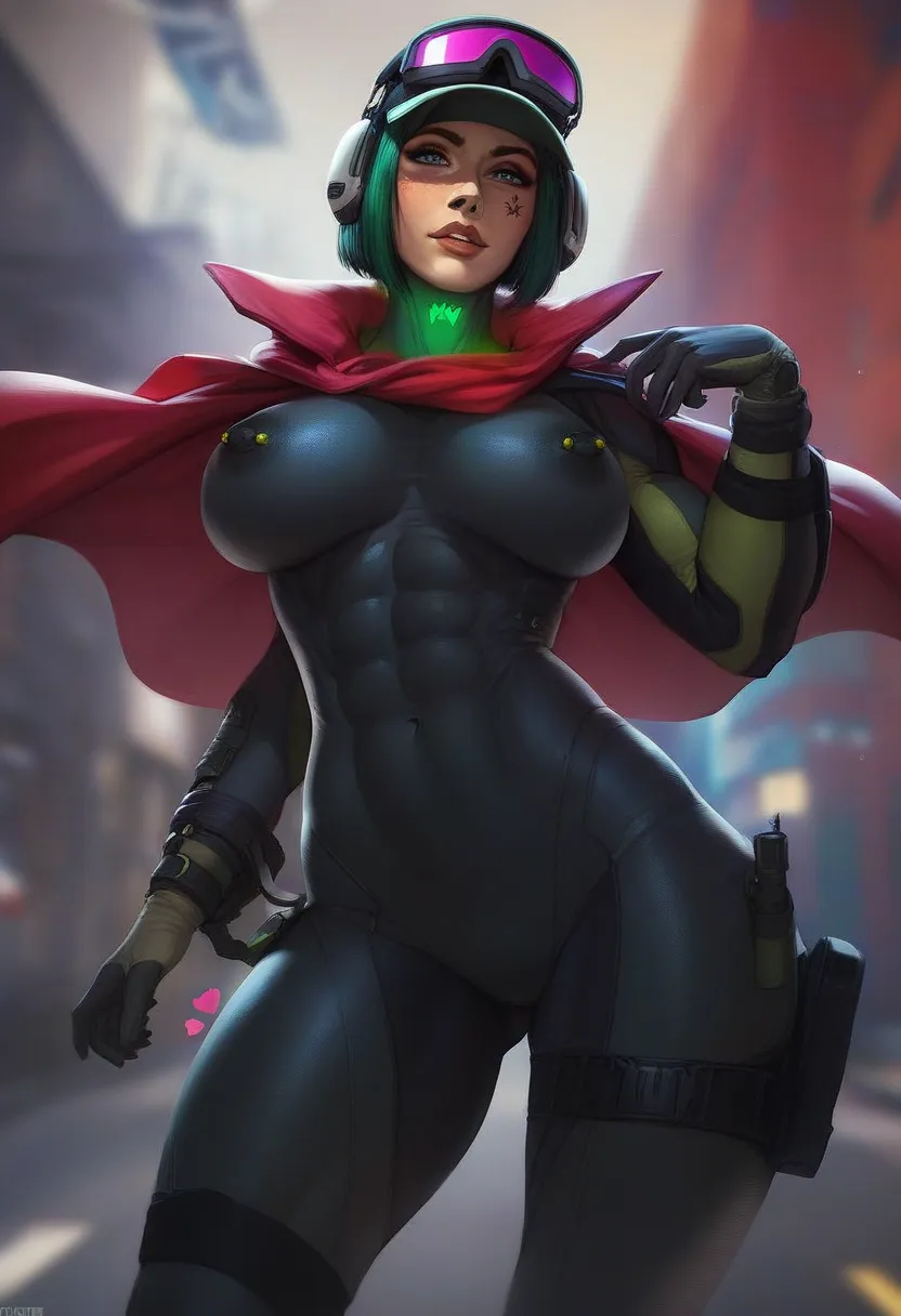 score_9, score_8_up, score_7_up, Expressiveh,1girl,short hair, large breasts, black hair, covered navel, solo, muscular, thick thighs, skin tight bodysuit, mature female, red cape, ela,ela \(Rainbow Six Siege\), ela elite \(Rainbow Six Siege\),
 pitch blac...