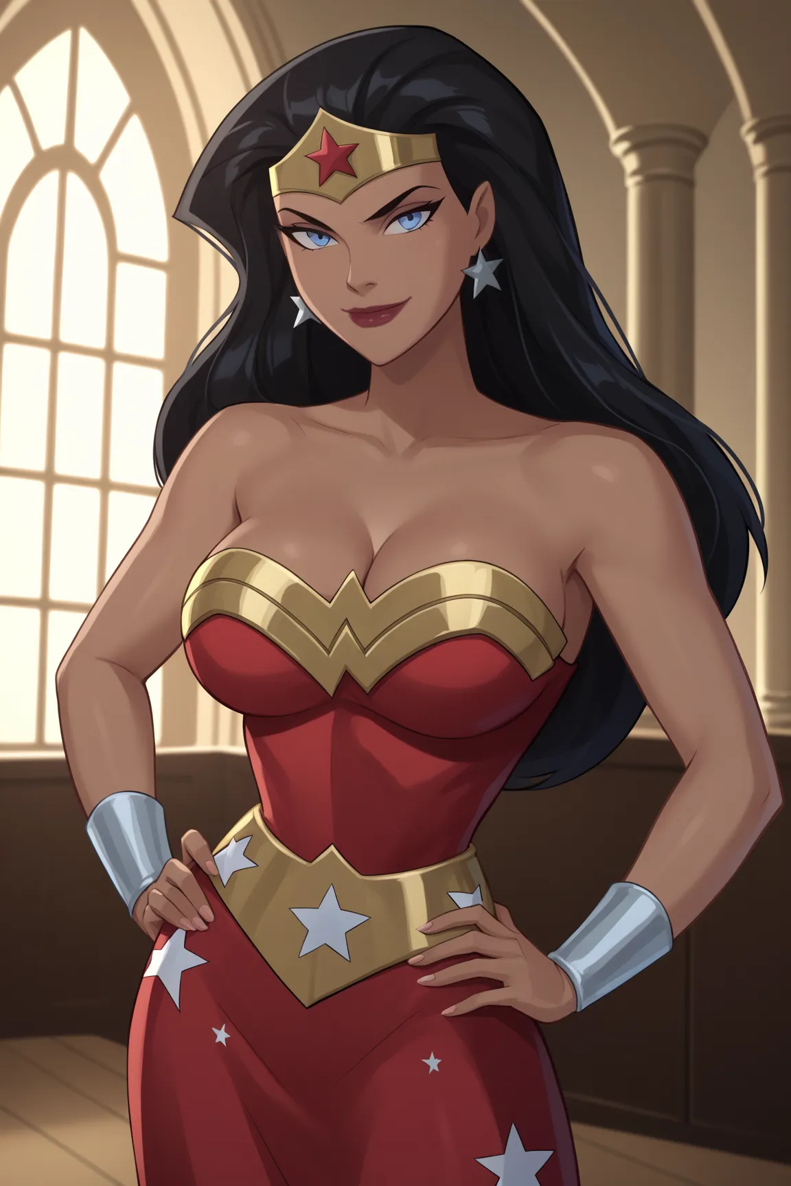 PonyXLV6_Scores BREAK ((parody), perfect anatomy, perfect eyes, cowboy shot), BREAK diana prince, long hair, black hair, blue eyes, lipstick, dark-skinned female,  ((looking at viewer)),  cleavage, red strapless dress,  jewelry, star earrings, tiara, star ...