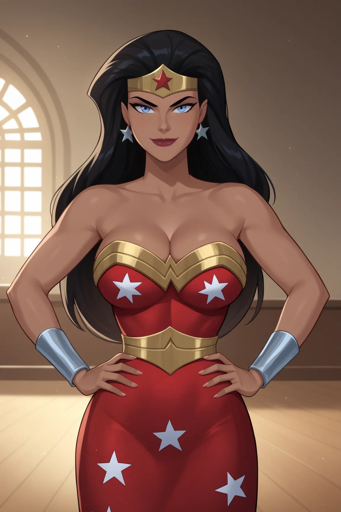 PonyXLV6_Scores BREAK ((parody), perfect anatomy, perfect eyes, cowboy shot), BREAK diana prince, long hair, black hair, blue eyes, lipstick, dark-skinned female,  ((looking at viewer)),  cleavage, red strapless dress,  jewelry, star earrings, tiara, star ...