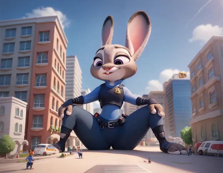 masterpiece, judy hopps, blue fur, Wide hips, on a city, MACRO, police uniform, full body, sitting on a building, pov from ground, spread legs