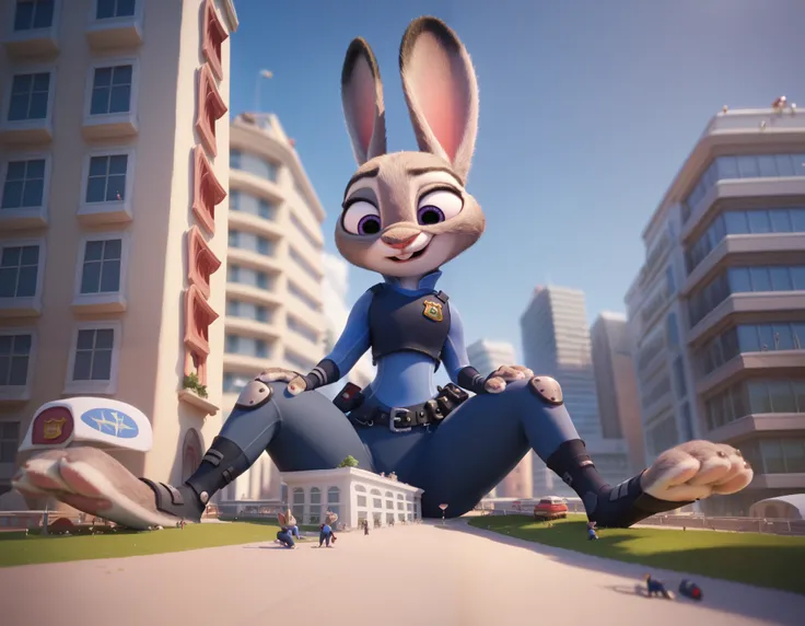 masterpiece, judy hopps, blue fur, Wide hips, on a city, MACRO, police uniform, full body, sitting on a building, pov from ground, spread legs