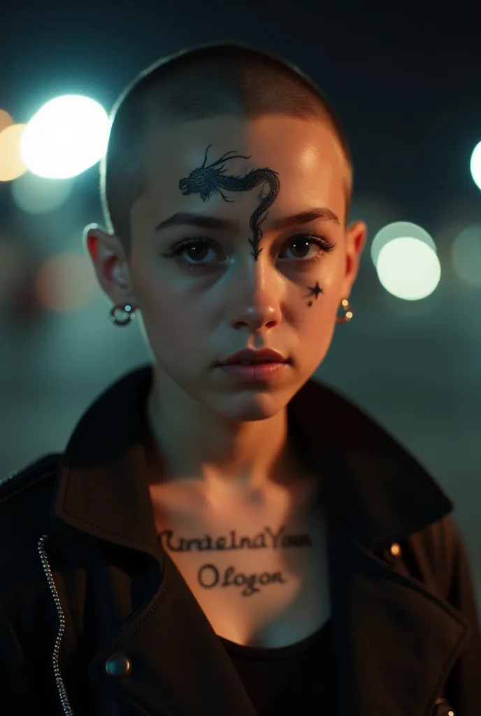 A girl with shaved hair with simple cuts and a tattoo on her eyebrow with a star earring in addition to a dragon tattoo on her nose and a tattoo with the name Christina on her chest with black clothes at night