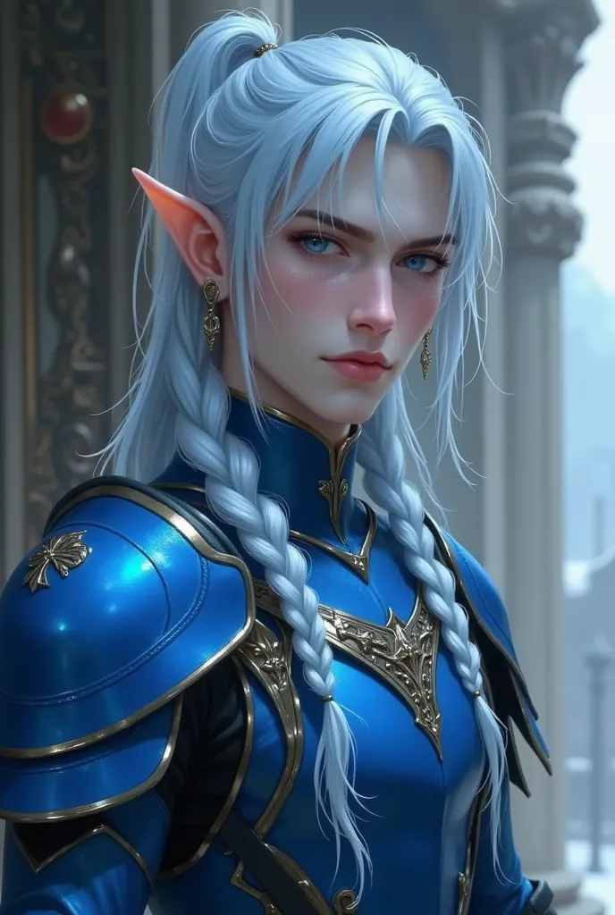 30-year-old man with pale skin, elf's ear , neat pale blue hair with two braids on each side of the head that falls on the torso, ponytail at the back, blue eyes, sourcil épais noirs, blue elven guard armor