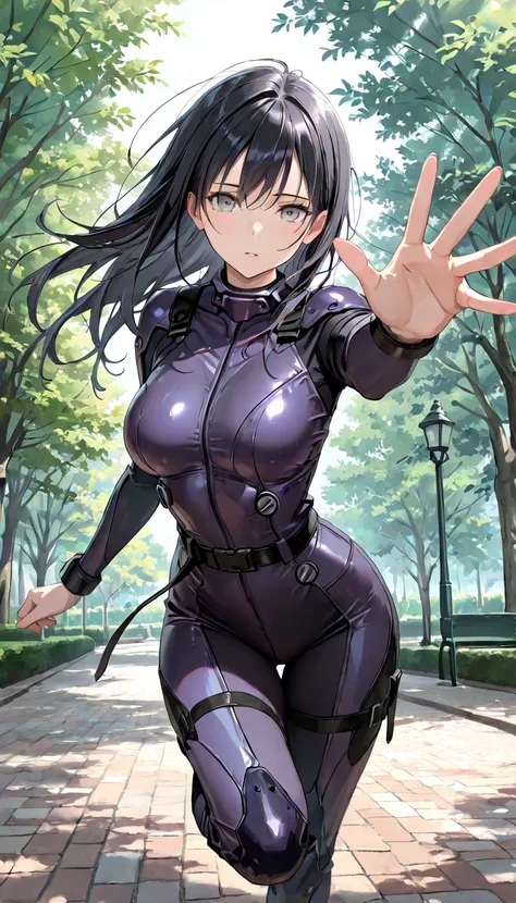 masterpiece, absurdres, amazing quality, best quality, 1girl, long black hair, light grey eyes, average breasts, slender, dark purple armoured jumpsuit, black belt, high quality, very aesthetic, solo, park, floating in midair, one hand outstretched to view...