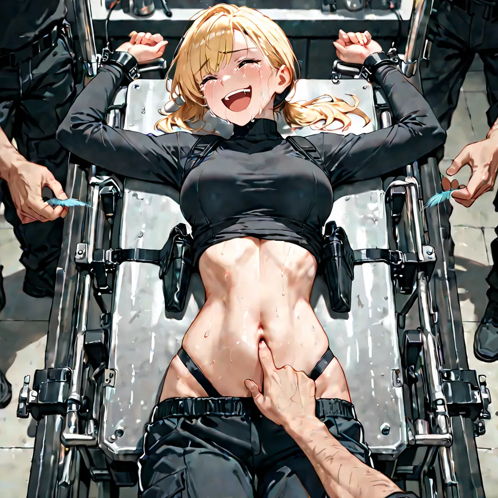 masterpiece, 1girl, 2guys, 4k, cinematic, beautiful woman strapped to examination table, torture chamber, fair skin, a short blonde hair, loose ponytail, secret agent, on back, arms out to side, (strapped down), (t-poise), (black turtleneck), (shirt pulled...