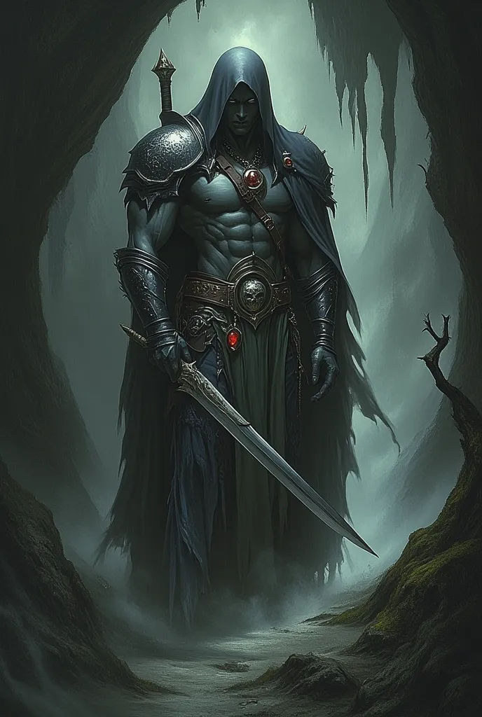 Create a black-skinned ranger drown holding two wide swords inside Underdark