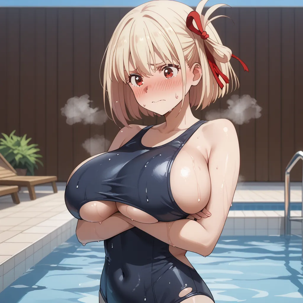 chisato nishikigi, short hair, bangs, blonde hair, red eyes, hair ribbon, one side up, bob cut, huge breasts, highlight breasts, slender waist, school swimsuit, virgin killer swimsuit, torn swimsuit, torn under boob, torn side boob, torn navel, (blush, emb...