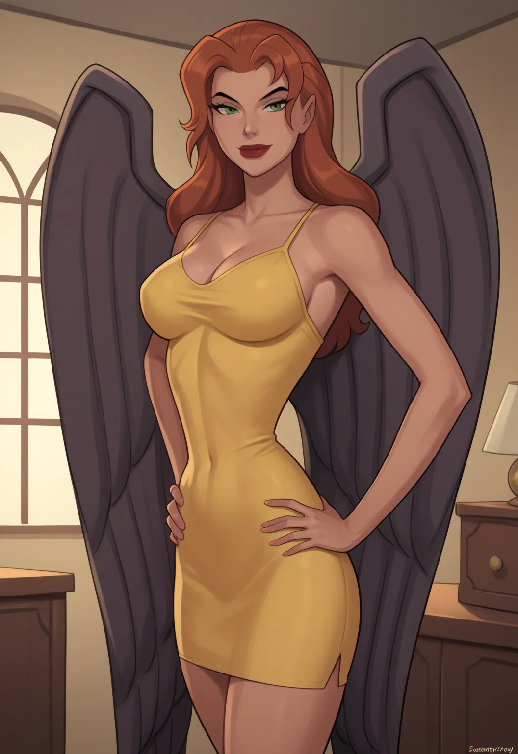 safe_pos, PonyXLV6_Scores BREAK ((retro artstyle, parody)), perfect anatomy, cowboy shot) shayera hol, wings, long hair, green eyes, ((looking at viewer)), superhero, yellow bodycon dress, curvy, athletic, large breasts, standing, indoors, smiling, closed ...