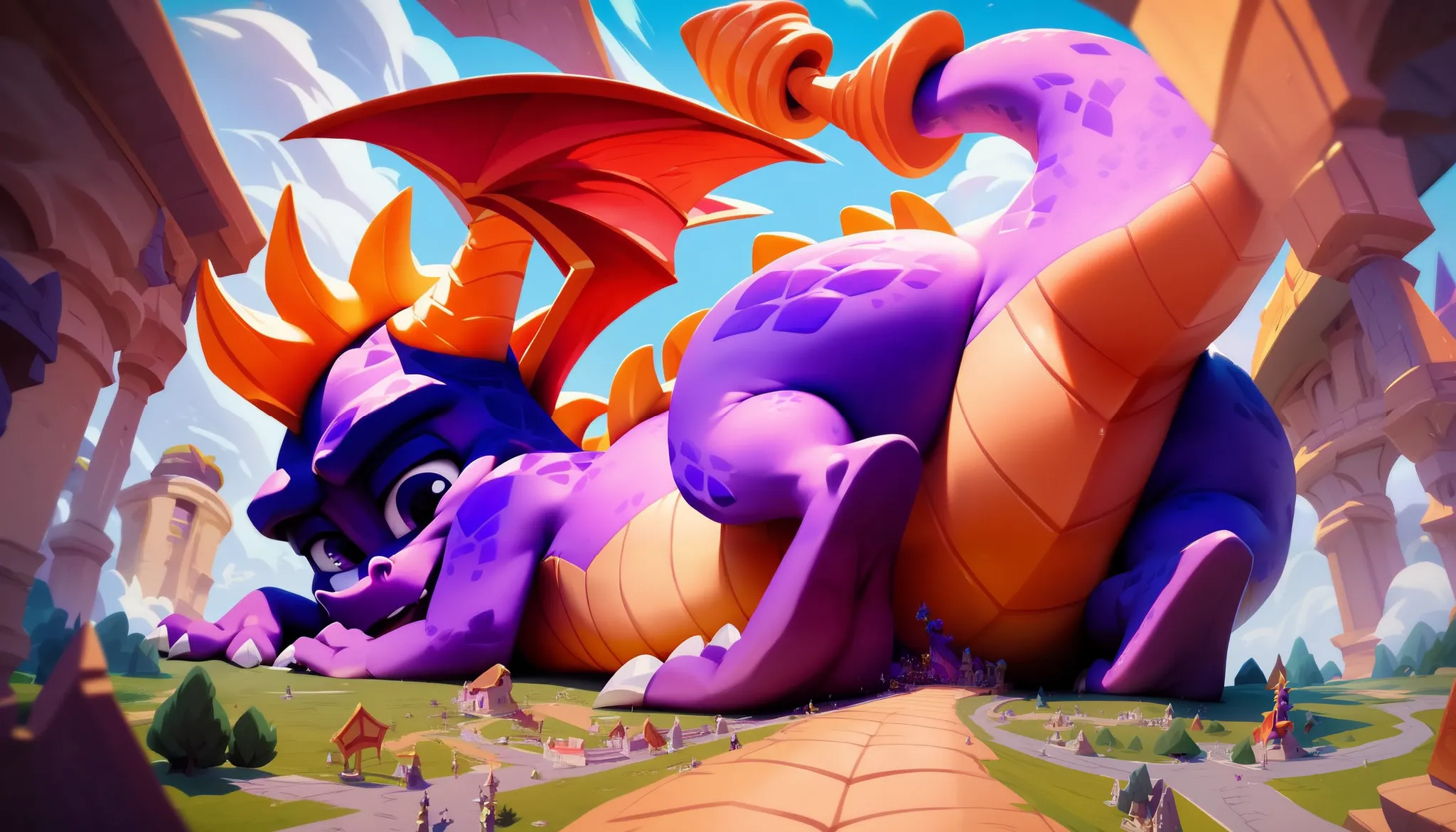 Duo, Macro, spyro the dragon, (Wide hips), soft belly, pov from ground, crawling, THICK tail bottom, extremely detailed, (masterpiece), best quality, Best illumination