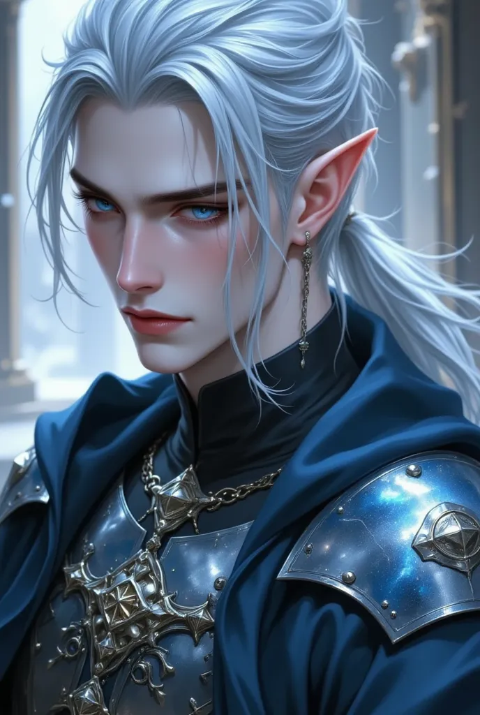 30-year-old man with pale skin, elf's ear , neat pale blue hair with two braids on each side of the head that falls on the torso, ponytail at the back, blue eyes, sourcil épais noirs, blue elven guard armor