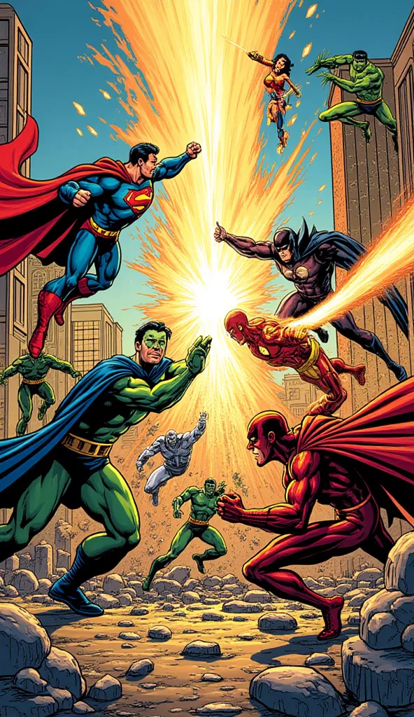 Prompt:
"An epic battle between Marvel and Justice League heroes, illustrated in the classic style From the comics, with vibrant colors, sharp lines and cinematic action. Superman and Iron Man float in the sky, ready to attack, while Thor and Wonder Woman ...