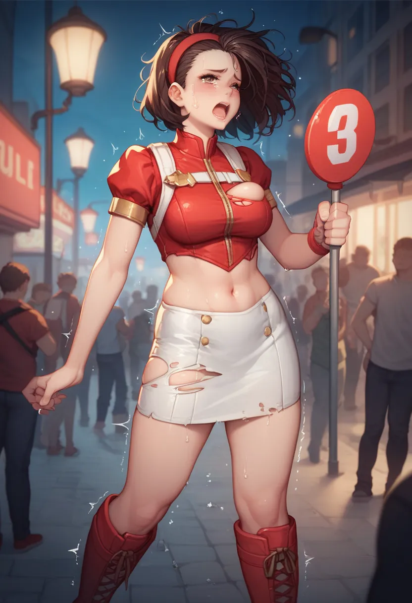 1girl, Wonder Momo, short brown hair with red hairband, brown eyes, red and white mini-dress costume with short skirt slightly damaged, small tears on skirt hem and bodice, rips exposing parts of midriff and thighs, large prominent bust straining against t...