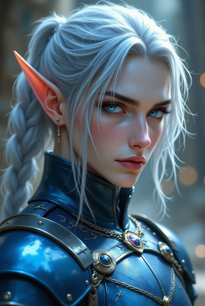 30-year-old man with pale skin, elf's ear , neat pale blue hair with two braids on each side of the head that falls on the torso, ponytail at the back, blue eyes, sourcil épais noirs, blue elven guard armor