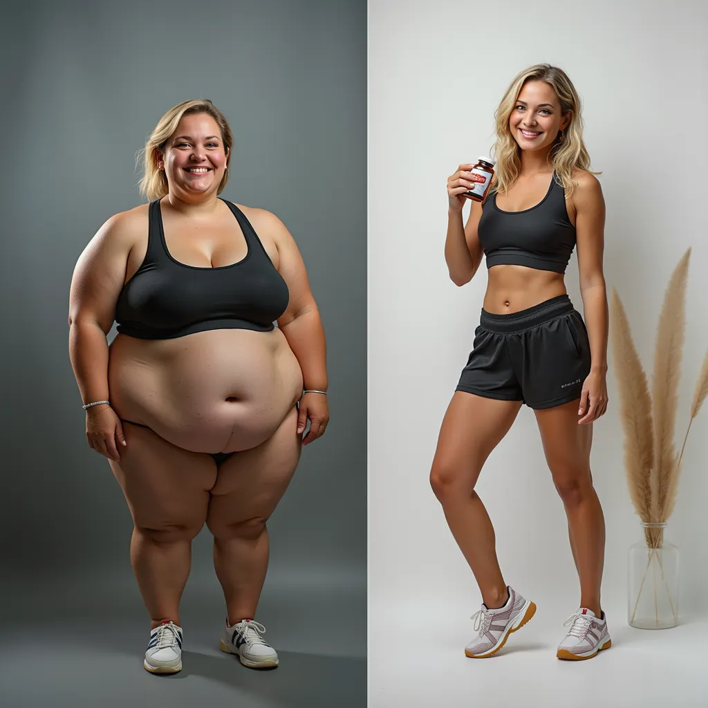 Two photos of the same 40-year-old woman, in sportswear, in the first part of the image of a fuller woman, facing the camera on a gray background, in a black sports bra and shorts.  In the second part, the same woman ,  but with a more toned figure , stand...