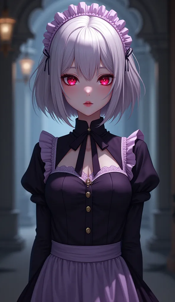 a fair-skinned girl,  short hair and white color , eyes red as blood, collar, expressionless face with Victoria-style maid costume in black and purple,  with a bust size 38D, full body. anime style