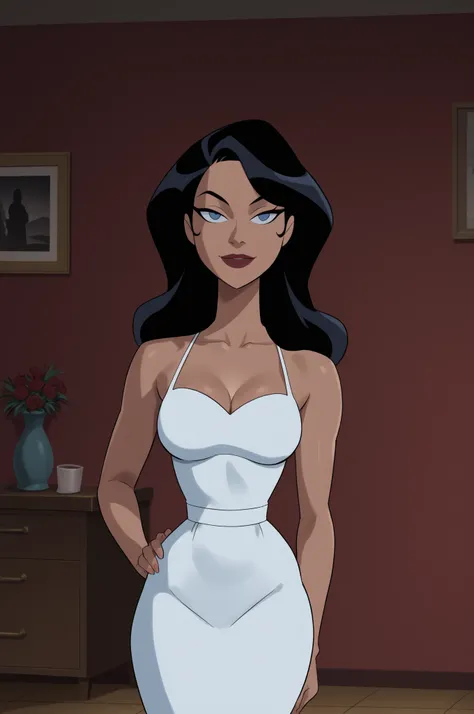 PonyXLV6_Scores BREAK ((parody) perfect anatomy, perfect eyes, cowboy shot), BREAK zatanna zatara, long hair, black hair, dark-skinned female, blue eyes, lipstick,  ((looking at viewer)), long hair, white ballgown dress, large breasts, curvy, athletic, sta...