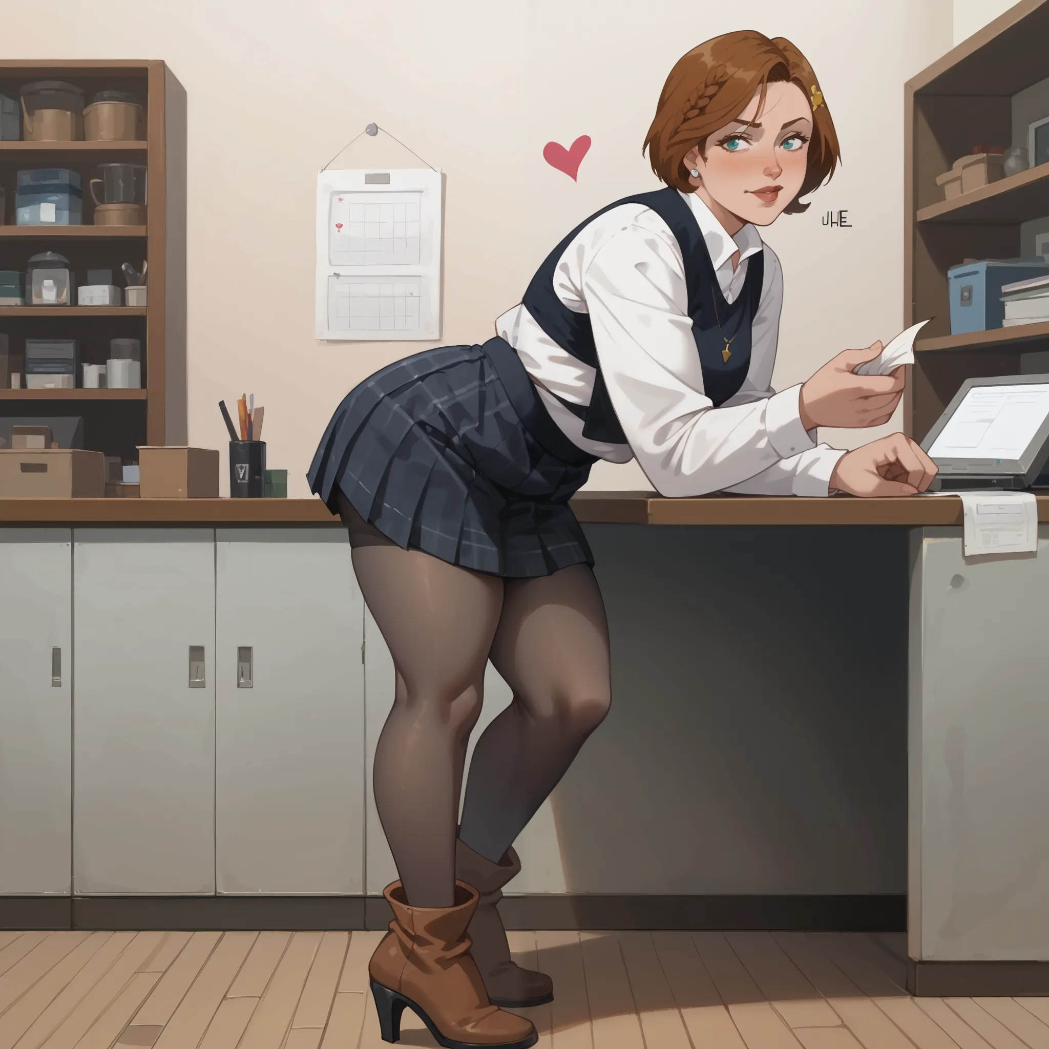 ,(1 girl, solo) () source_western, wide hips, obese, leaning over,(dark hair) (high heels), (asymmetrical bangs)short hair, braid, white turtleneck, long sleeves, black vest, plaid pleated skirt, black pantyhose, brown boots   office background,  (pinching...