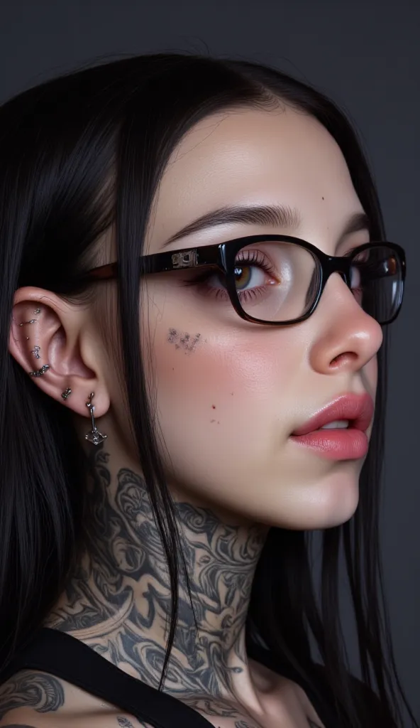 ((a woman with tattoos on her neck and face, Beautiful face of a cyberpunk girl, great digital art with details,  she wears rectangular black rimmed glasses you can see the reflection in the glasses of the glasses :1.5)),laying on couch, wearing a mini bla...