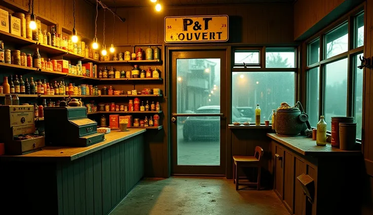 "A small, dimly lit convenience store with aged wooden shelves covered in a thin layer of dust. The shelves hold old, slightly faded products that seem untouched for years. A faded sign hangs above the entrance, and the store has a nostalgic yet eerie atmo...