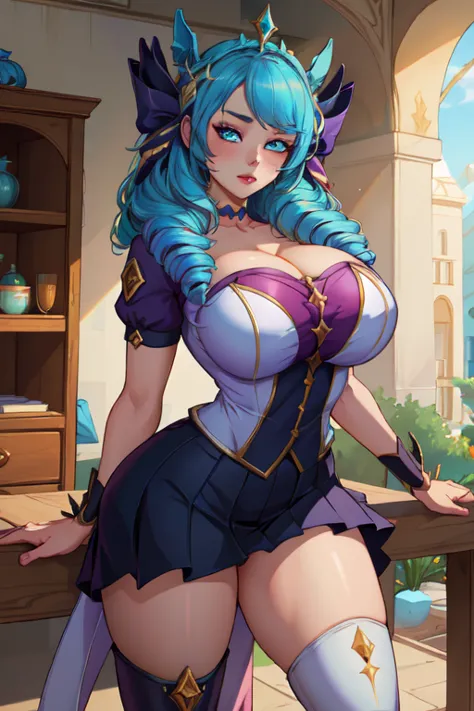 (masterpiece, best quality, absurdres, 4k, aesthetic, detailed, intricate),1girl,nikkecrwn,tiara, tall body, hair ribbon, blue hair, twin drill hair
Cosplay as Gwen from League of Legends,  equestrian uniform,Riding skirt, thigh high boots










