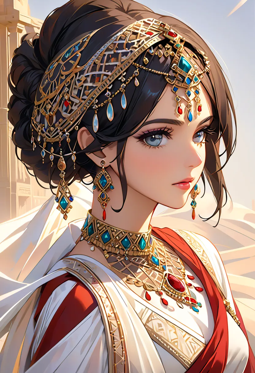 Arabian Woman Wearing A Saree And A Necklace,  complex set, Arabian woman wearing a jeweled , Wearing something complicated, Exquisite Jewelry, with complicated details,  complicated costume, Elegant Jewelry Wearing, complicated details. from the front, Bl...