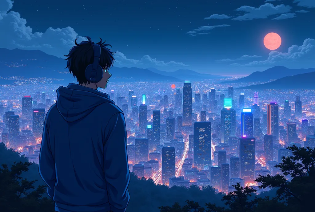 Apanoramic view of a lanscape where a small glipse at a man wearing a electric blue hoodie listening to music. The landscape is a city in the night full of neon colours. in ukiyo painting style. Anime version. 