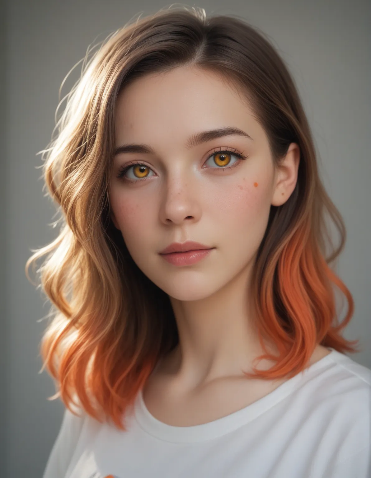 multicolored hair, gradient hair color, Carrot hair pattern, birthmark under the eye, amber eyes, high detail, Verism, Hyperrealism, contemporary art, cinematic lighting, Shine,  overall plan, /1.2, best quality, Award, 8 k,  super detail, contract