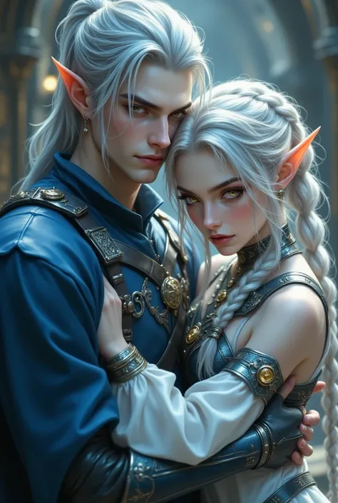 30-year-old man with pale skin, elf's ear , neat pale blue hair with two braids on each side of the head that falls on the torso, ponytail at the back, blue eyes, sourcil épais noirs, blue elven guard armor. In his arms , A 25-year-old Elf, long silver-whi...