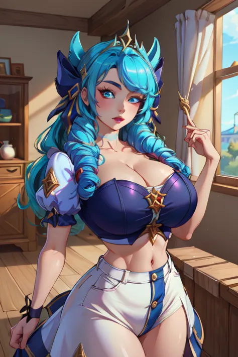 (masterpiece, best quality, absurdres, 4k, aesthetic, detailed, intricate),1girl,nikkecrwn,tiara, tall body, hair ribbon, blue hair, twin drill hair
Cosplay as Gwen from League of Legends,  white lace crop top with puff sleeves, white high waist button up ...