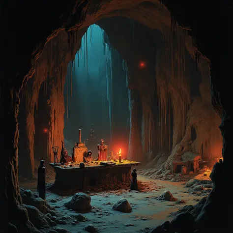 underground cave illuminated by candles with faint red lights with demon spirits surrounding a witchcraft altar