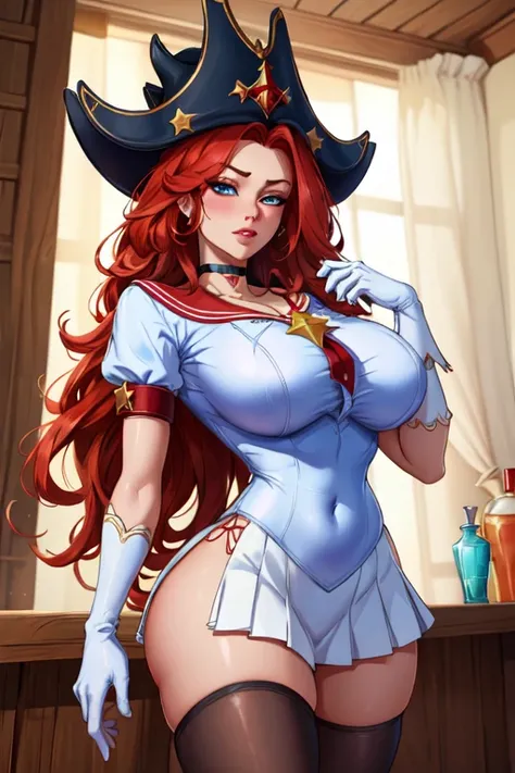 (masterpiece, best quality, absurdres, 4k, aesthetic, detailed, intricate),1girl,nikkecrwn,tiara, tall body, hair ribbon, scarlet hair, black pirate hat
Cosplay as Miss Fortune from League of Legends,  brooch, choker, elbow gloves, gem, gloves, heart, hear...