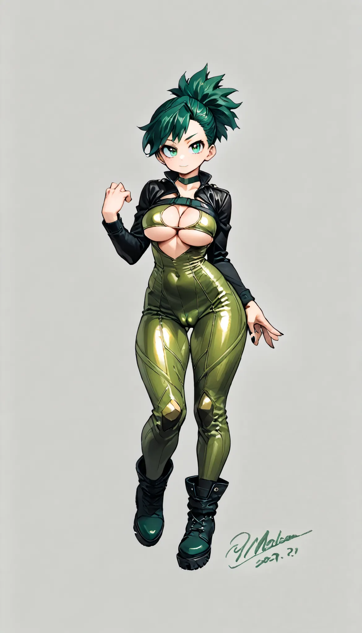 ((My Hero Academia Style)), Izuku Midoriya, (genderbender), (1Girl), (solo), (Female), (masterpiece), (amazing quality), (High Quality), (best quality), (short hair), ((green eyes)), ((green hair)), (Choker), (((Very Long Mohawk mullet hairstyle))), dated,...