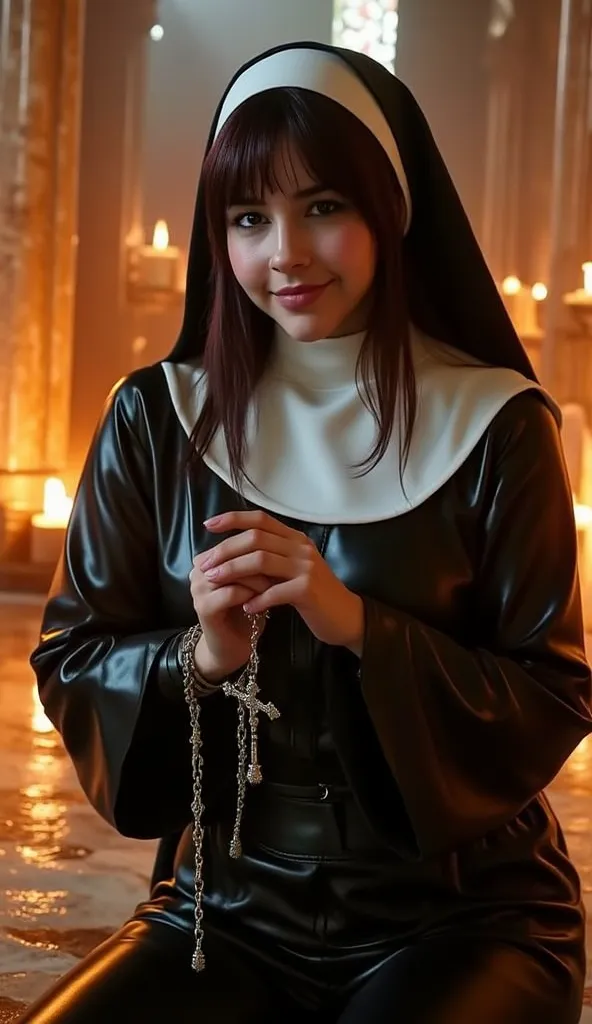 Hyperrealistic 8K photograph, intricate details, (lustful nun:1.3) kneeling in a burning opulent cathedral at night, wearing a skin-tight black latex nun habit with traditional white bib and loose coif (veil) draped over her shoulders, strands of dark hair...