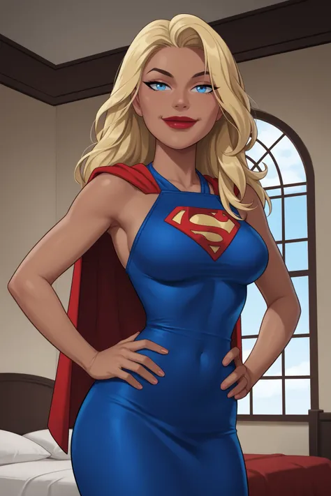 PonyXLV6_Scores BREAK ((parody), perfect anatomy, perfect eyes, cowboy shot) BREAK kara zor-el, long hair, blonde hair, blue eyes, dark-skinned female, lipstick, red lips, ((looking at viewer)), superhero, sky blue halter dress, large breasts, curvy, ath...