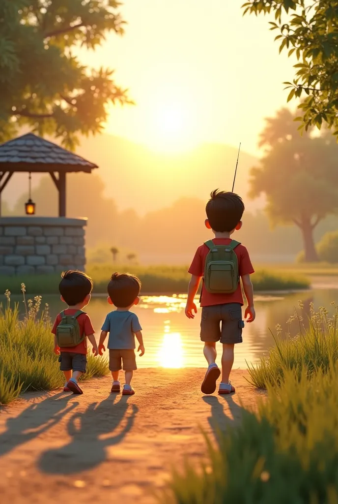 Create a 3D AI animation scene of a serene rural morning featuring a smart, handsome young 25 years old  boy with a charming personality, accompanied by his lively friends. The animation begins as they walk along a dusty path toward a large, tranquil pond ...