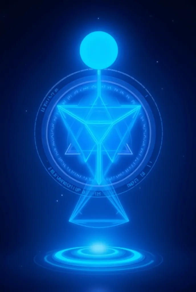 Generate an artifact composed of a voluminous bright blue and intense circle with two triangles (one at the top and the other at the bottom) symbolizing Balance.

